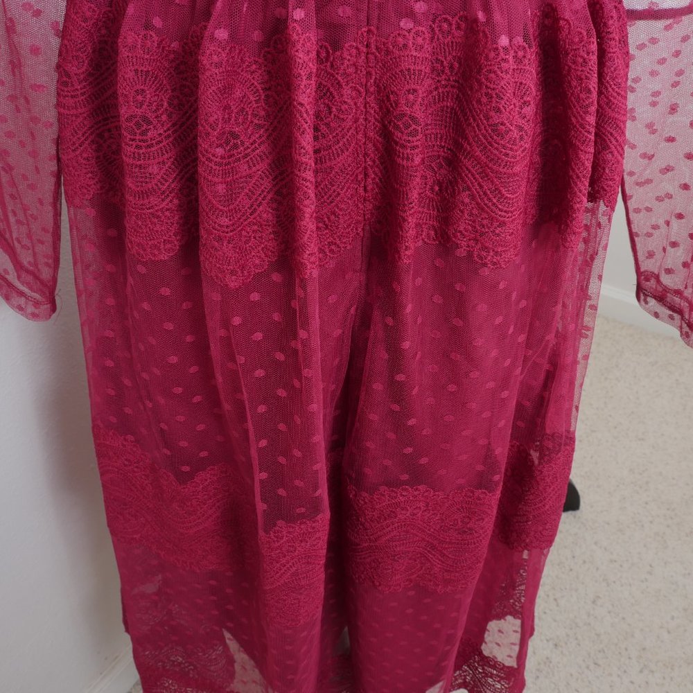 ASOS Wine Lace Sheer Long Sleeve Romantic Bohemian y2k Full Skirt SZ 10 Dress - Picture 10 of 12